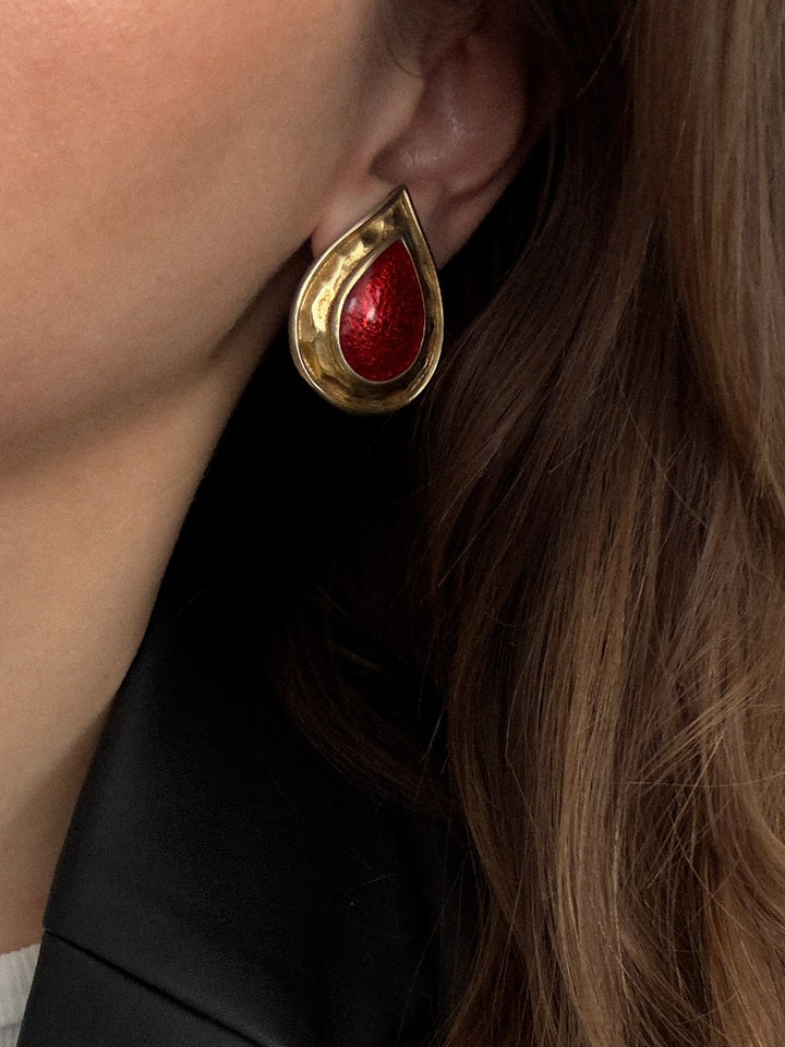 Vintage Red Tear Drop with Gold Accent Clip Ons