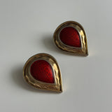 Vintage Red Tear Drop with Gold Accent Clip Ons