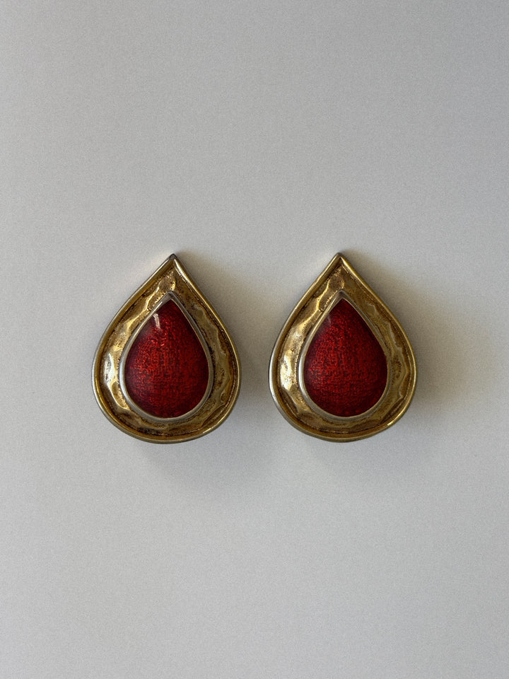 Vintage Red Tear Drop with Gold Accent Clip Ons